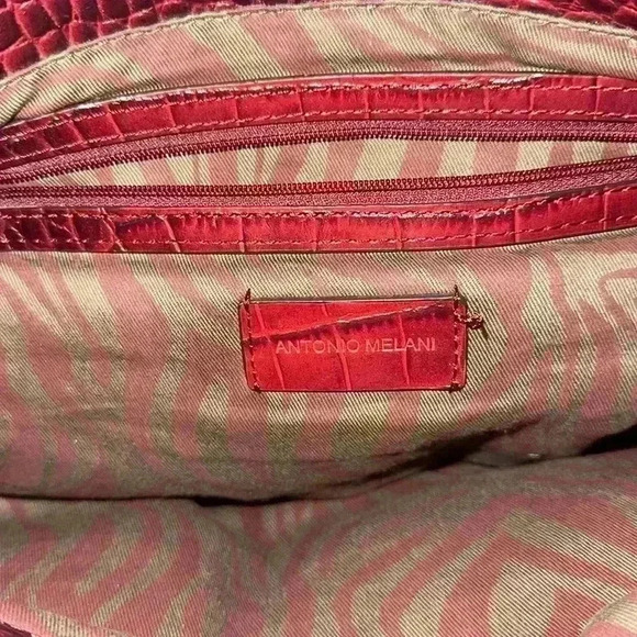 👜Antonio Melani 🇮🇹Large Burgundy Leather Croc Embossed Satchel Handbag - Picture 6 of 13